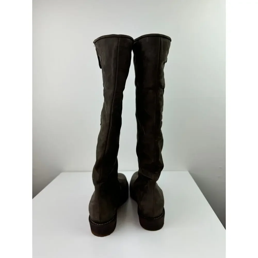 Le Jabot Suede Knee-High Boots Shearling Lined Convertible Fold Over Brown Sz 39